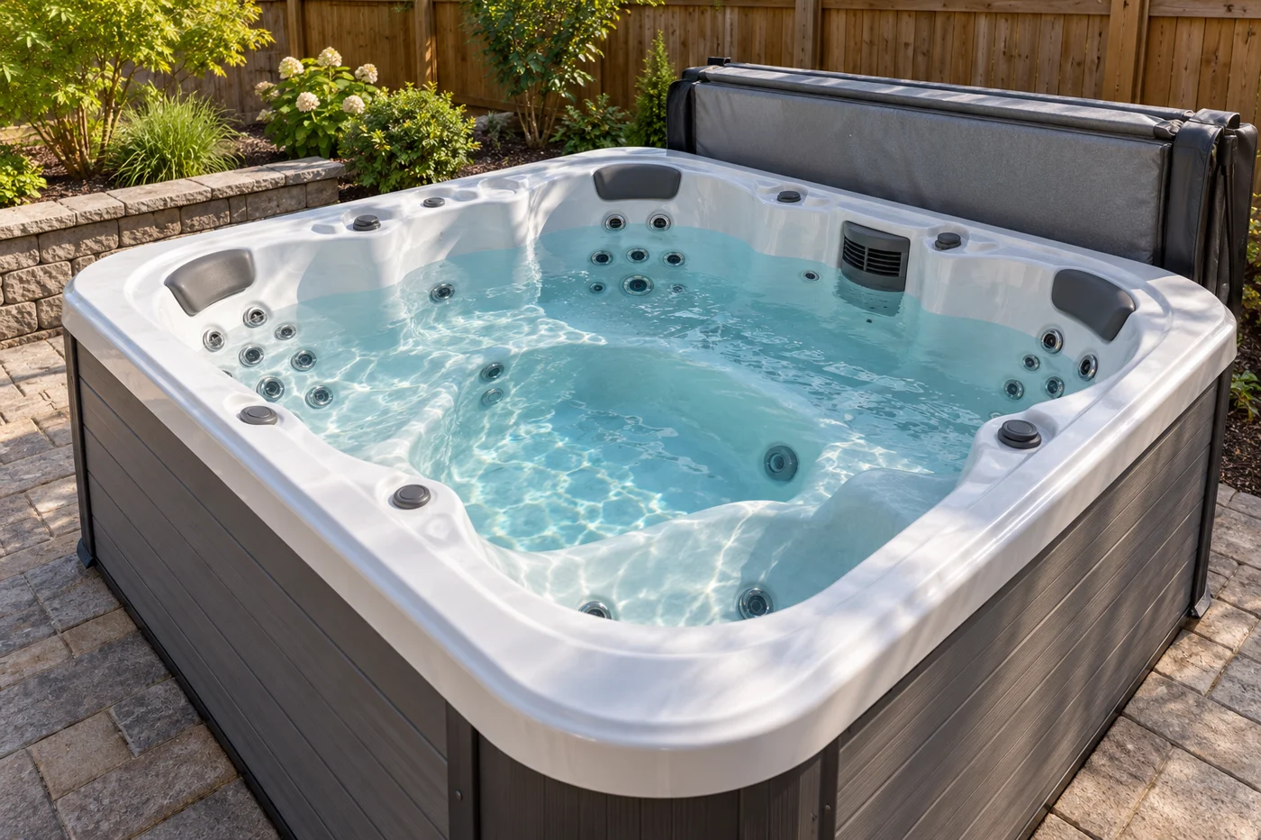 Outdoor hot tub beside a residential patio
